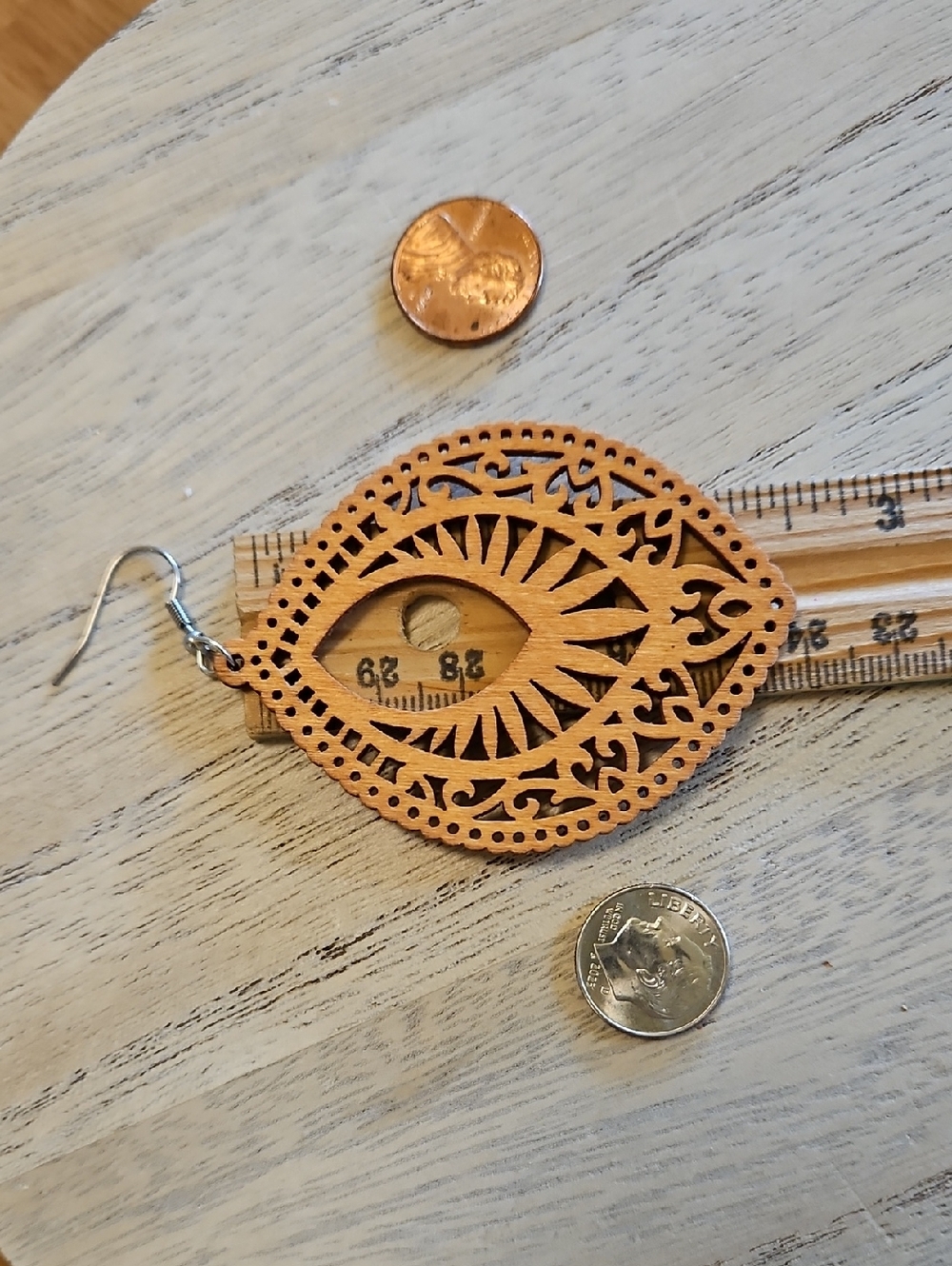 Wooden Laser-Cut Teardrop Earrings - Light Brown Pierced Boho Festival - Picture 3 of 5